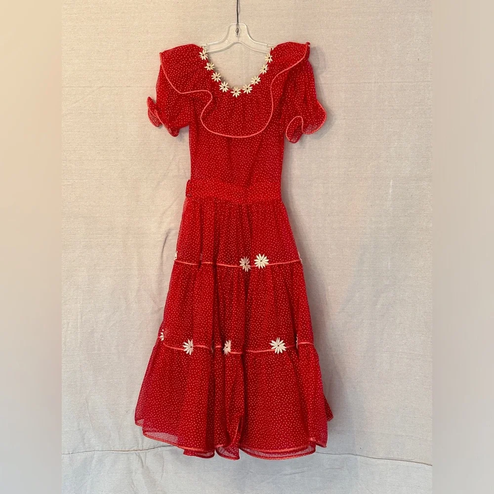 Vintage Red Sheer Polka-Dot Organza Flower Dress - Picture 1 of 5